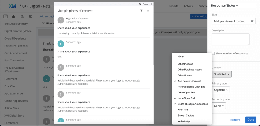 Response ticker with no fields for editing labels