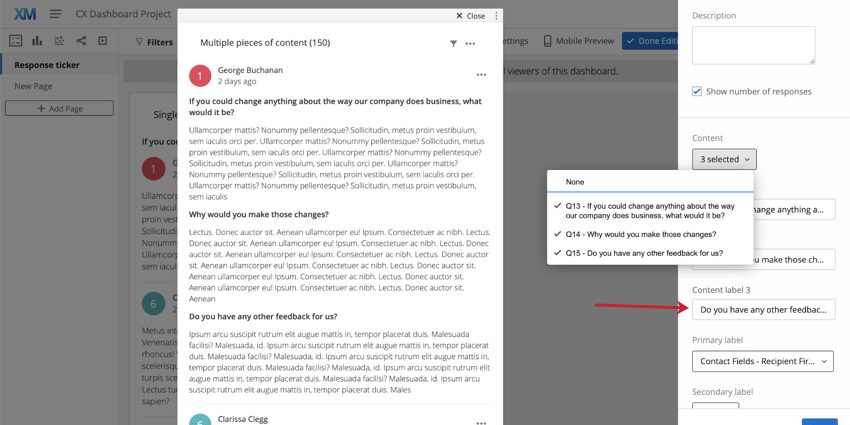 Response ticker with fields for editing labels