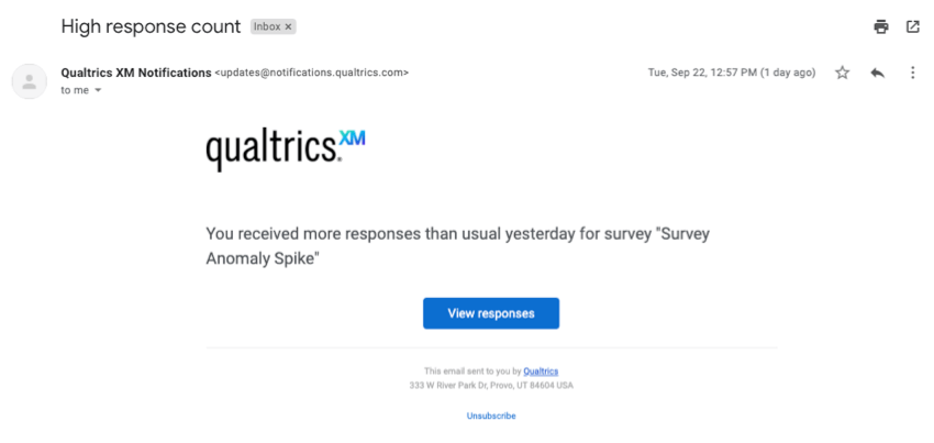 An email that says "Yesterday, you received higher responses than usual on your survey named X"