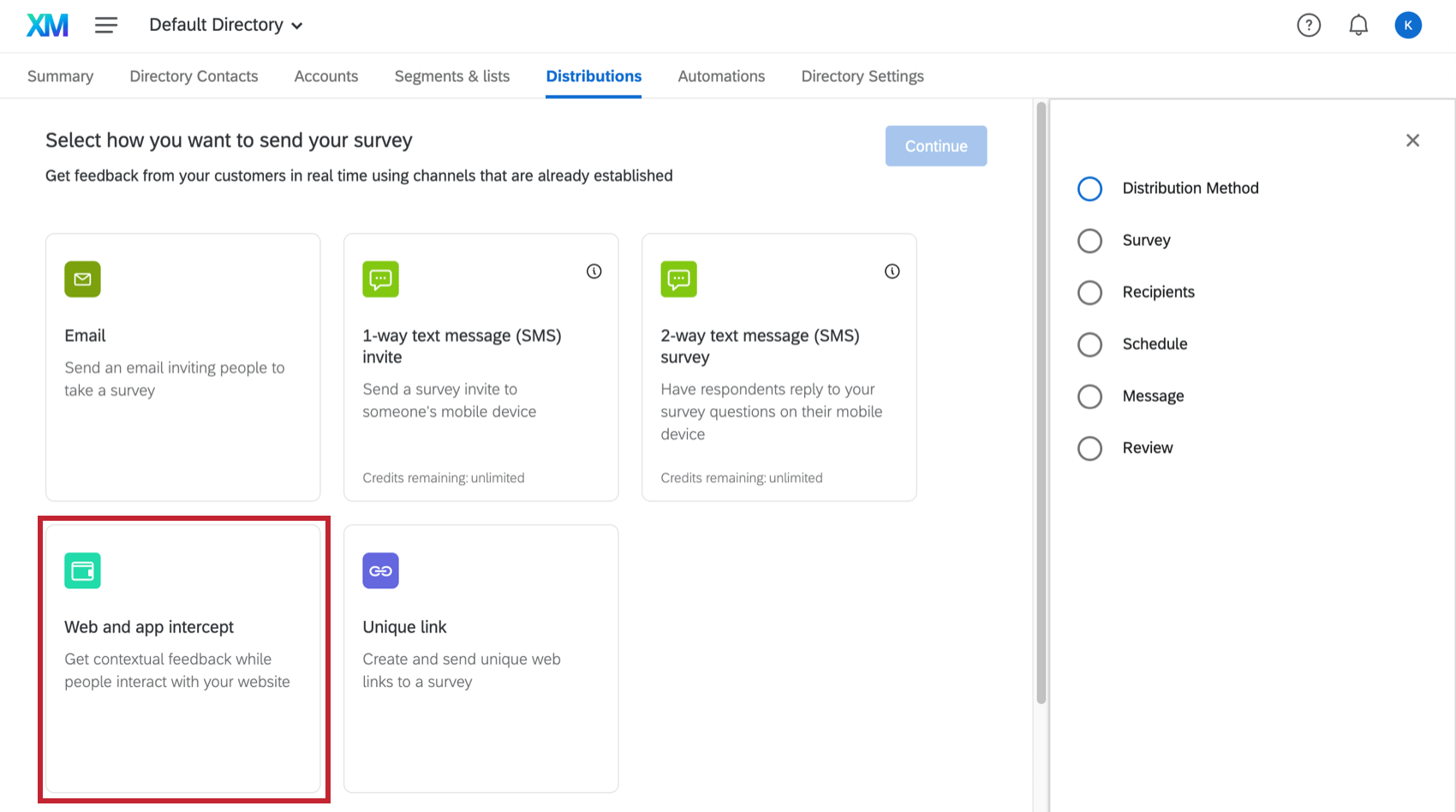 Web and app intercept distribution through XM Directory Distributions tab