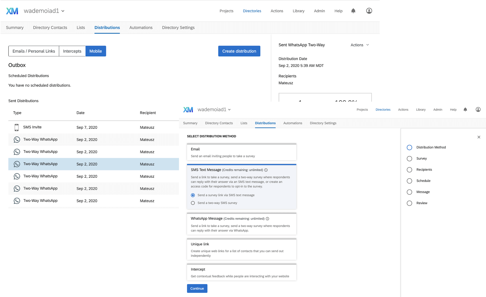 Layered screenshots showing the steps to send a WhatsApp distribution