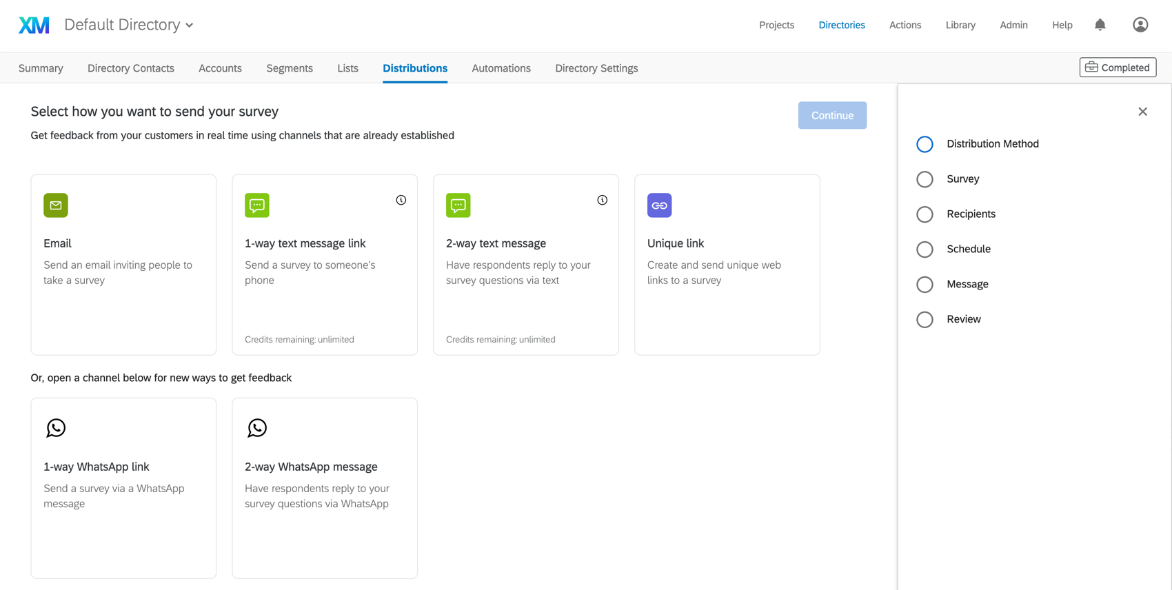 Distributions tab of Directories. Colorful icons show options for email, text, whatsapp, and more, with the page split into available channels and those you can activate